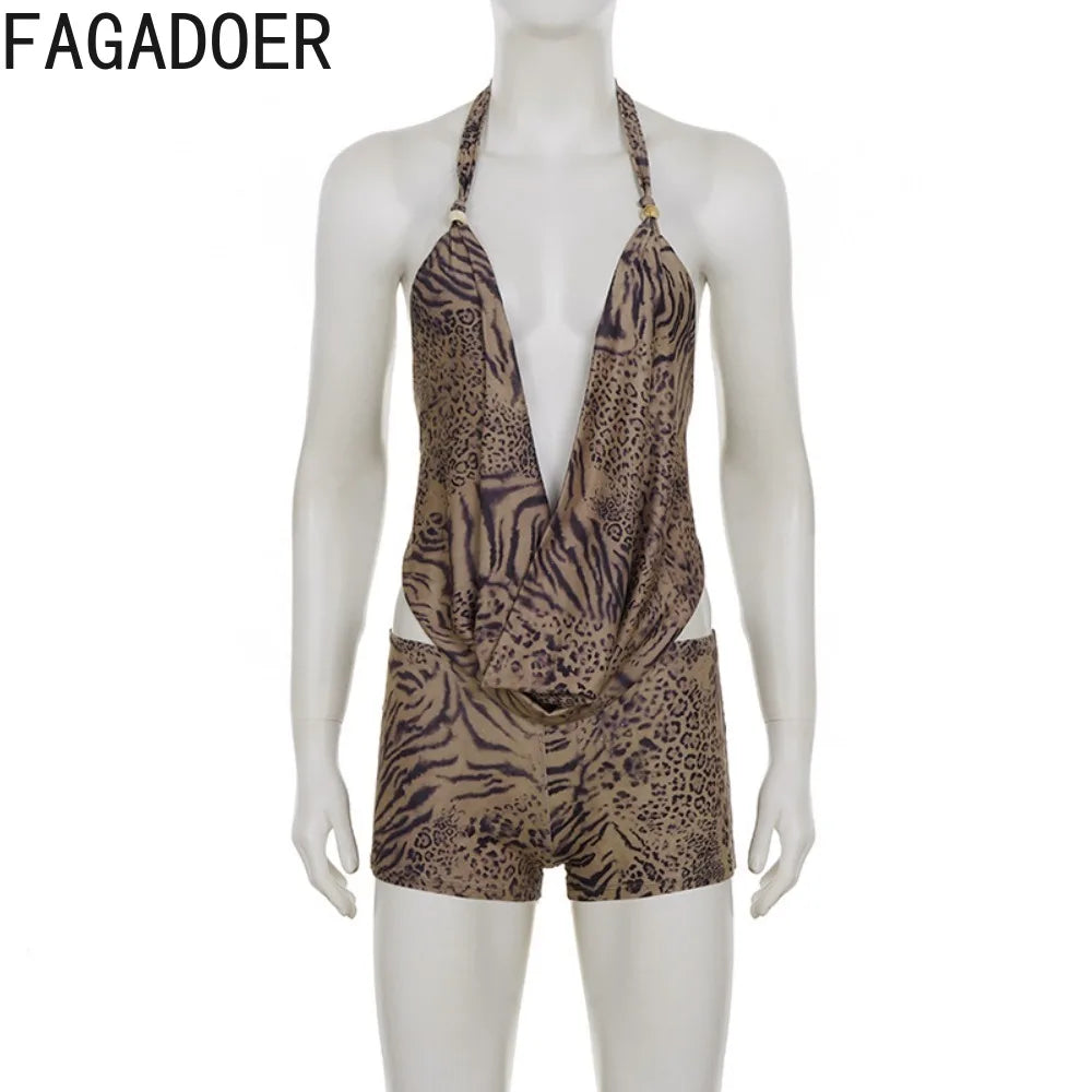FAGADOER Sexy Leopard Print Two Piece Outfits Woman Halter Deep V-neck Backless Crop Top and Shorts Matching Female Streetwear