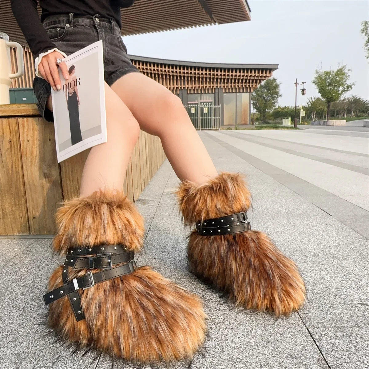Winter Fur New Design Onepiece Raccoon FurFemale Snow Boots Fur shoes OutdoorMid Leg Boots y2k Cool Pink Girl