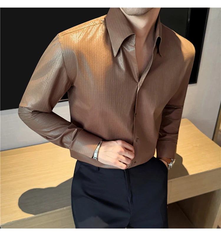 Men's 2026 Spring Luxury Lyocell Cotton Shirt, Leather-Like Texture Jacquard V-Neck, Long Sleeve Business Casual Top