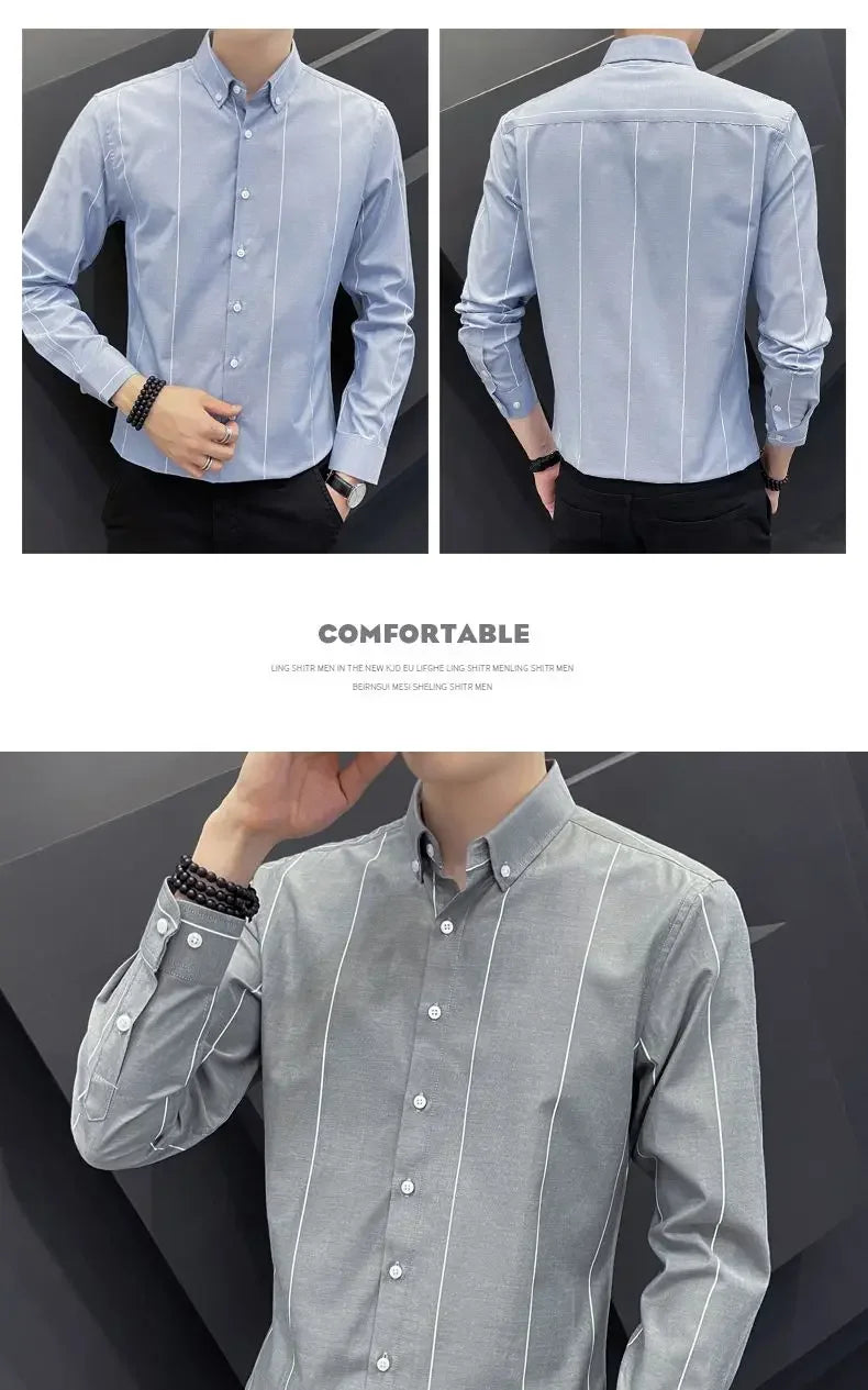 Stylish Men's Striped Shirt Printed Casual Business Dress Shirts Long Sleeve All-Match Slim Fit Fashion Korean Streetwear Shirts