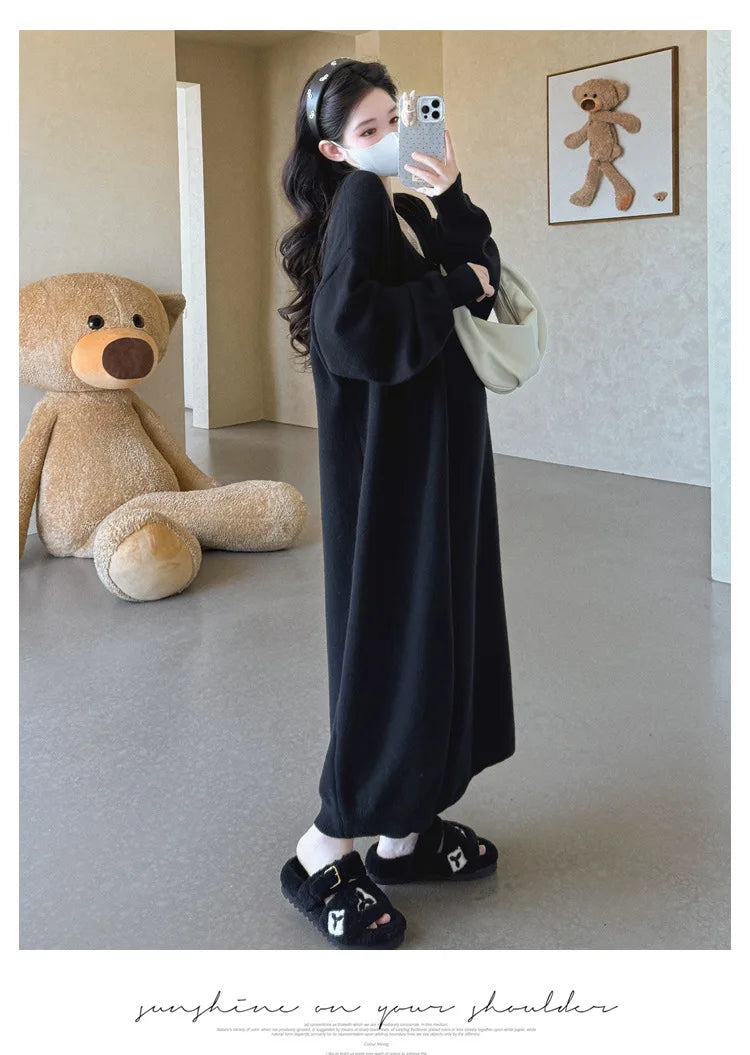 Maternity Suit  Autumn High-End Lazy Style Versatile Long Coat And Lace Paneled V Neck Straight Tank Dress Two Piece Set