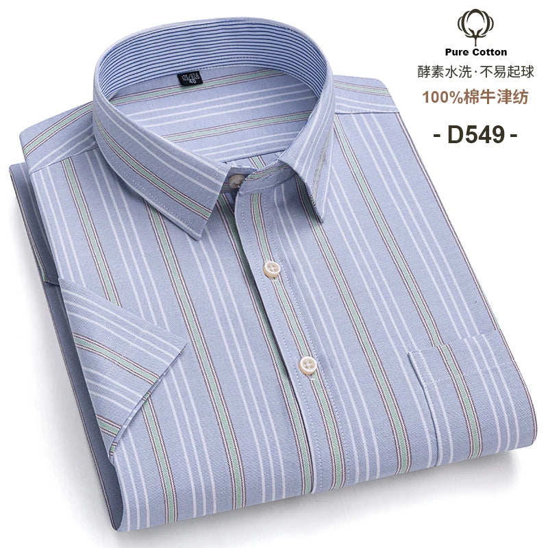 100%Pure Cotton Oxford Men's Shirts Short Sleeve Plaid Soft Regular Fit Formal Dress Shirt Social Blouse Male Clothes 6XL 7XL
