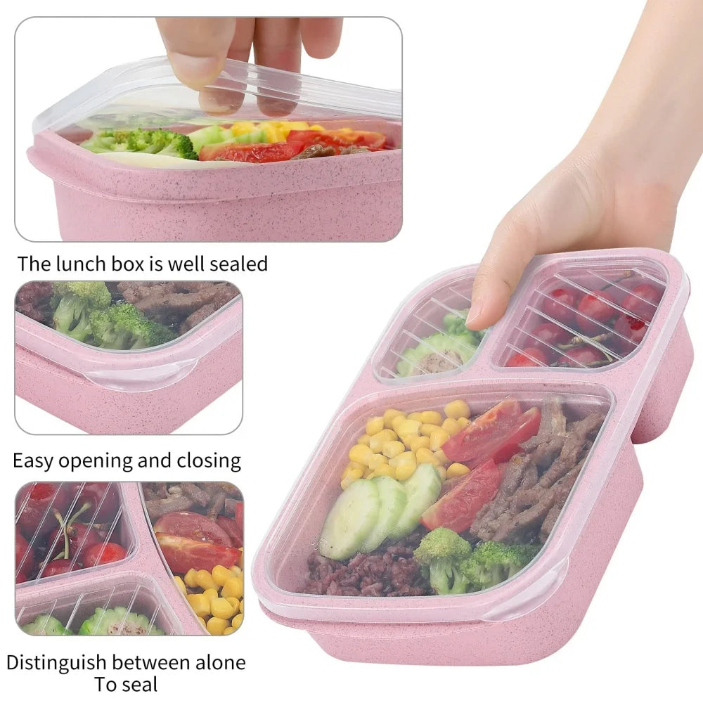 1/4pack Bento Lunch Box Set 3 Compartment Food Storage Containers Wheat Straw Meal Prep Lunch Box Plastic Food Storage Container