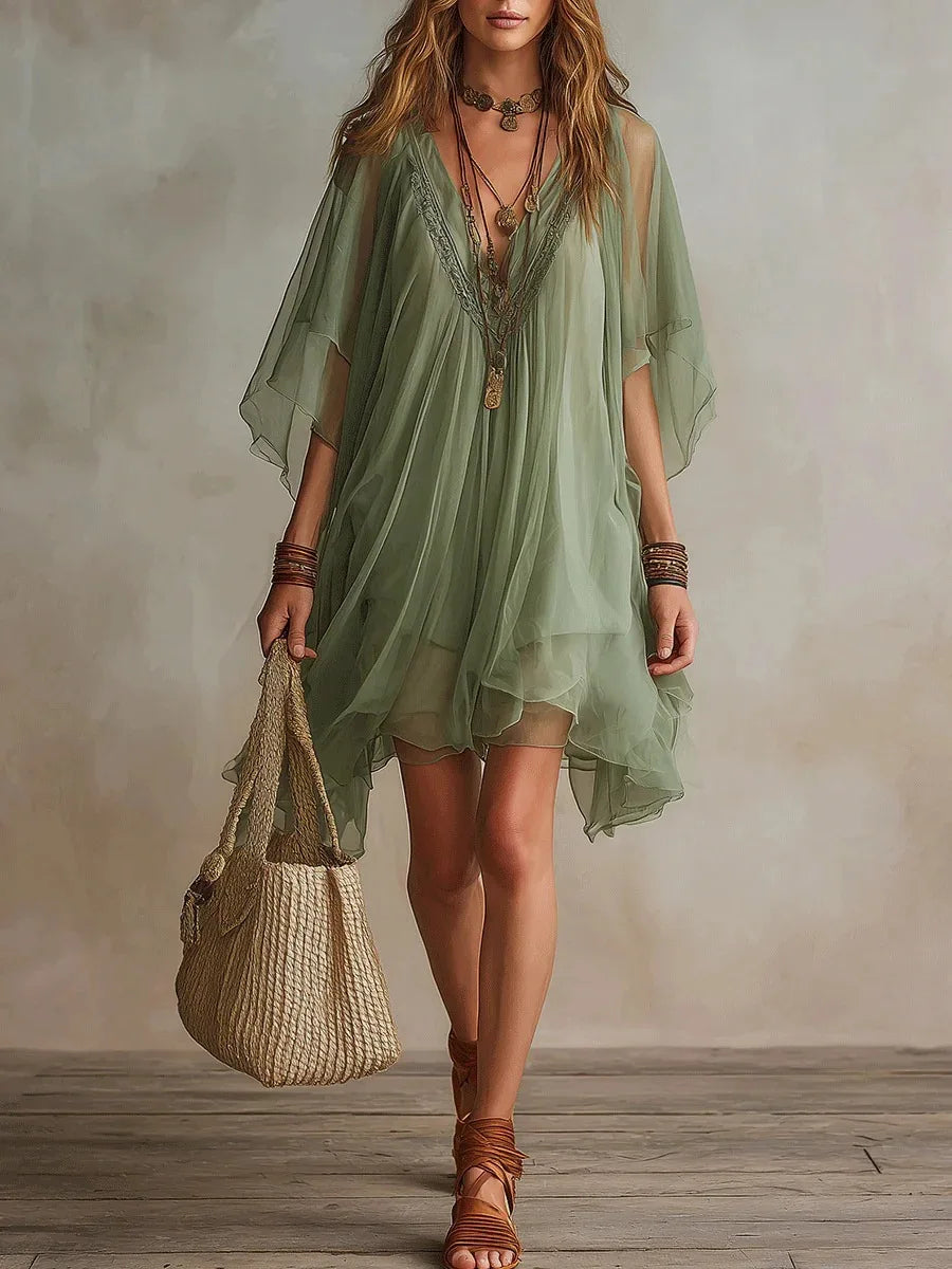 Summer 2026 Women V-neck Chiffon Dress Two-piece Set Spaghetti Strap Dress with Perspective Cover up Beach Skirt Beach Vacation