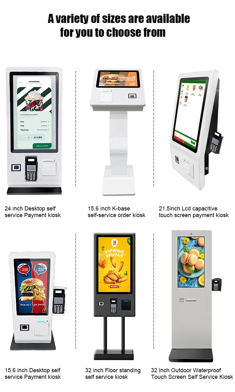 Desktop vertical 15.6 21.5 touchscreen POS end point self checkout kiosk with printer QR code scanner