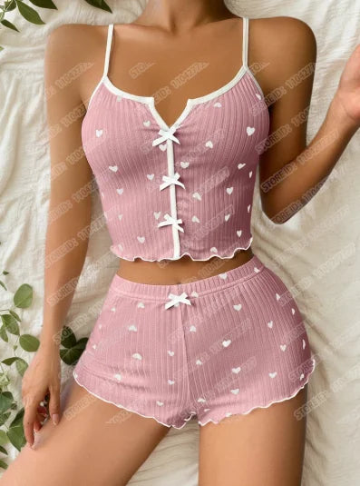 Women Sexy Sleepwear Pajamas Set Heart Print Silk Stain V-Neck Sleeveless Sexy Lingerie Casual Cami and Shorts Sets Loungewear