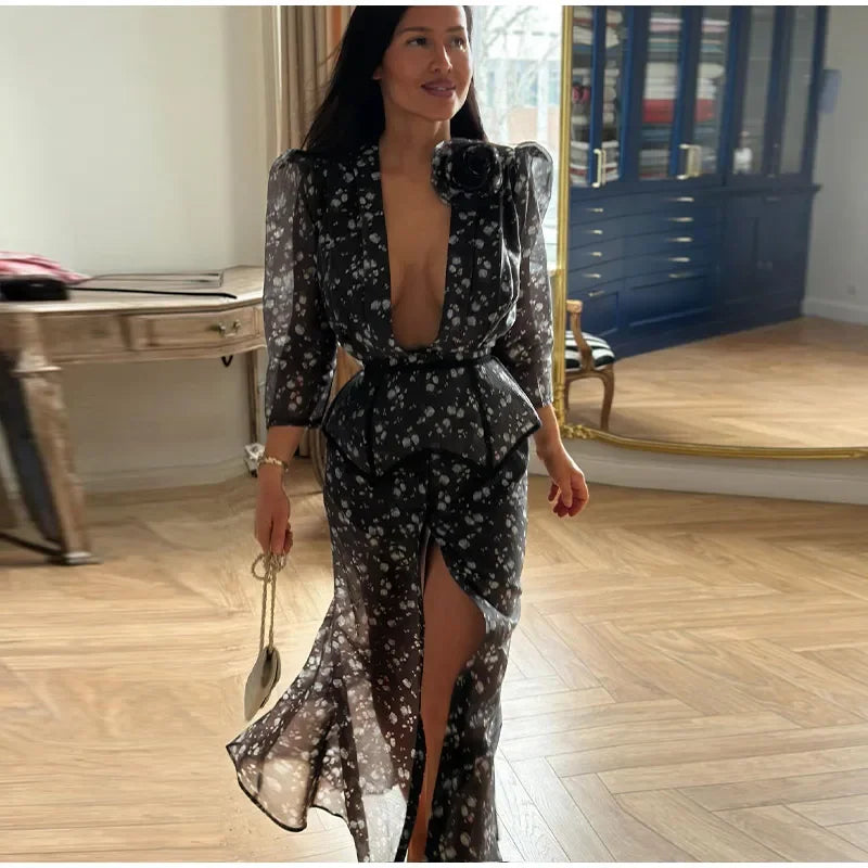 Elegant Printed Women's Dress V-neck Front Split Waist-closed Sashes Wrist Sleeve Gauze Dresses 2026 Summer Chic Female Robe