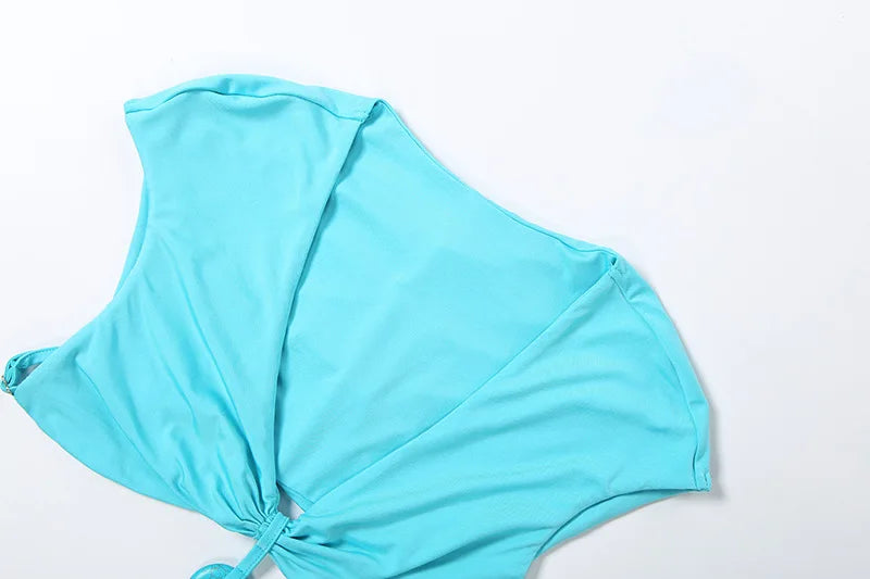 Blue Deep V Waist Cut Out Mini Dress Three Ring Connector O Ring Detail Ruched Sexy Beach Music Festival