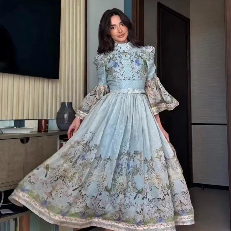 Elegant Women's Printed Long Dresses Loose O-neck Flared Half Sleeve Big Hem Wide Female Dresses 2026 Summer Lady HolidayRobes