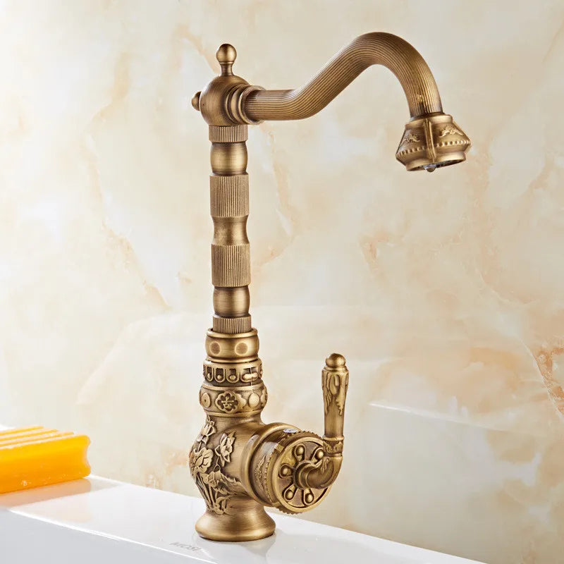 Tuqiu Basin Faucet Antique Sink Faucet Carved Bathroom Faucet Rotate Hot & Cold Brass Kitchen Faucet FWater Mixer Tap Crane