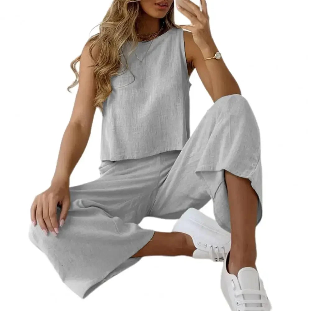 2025 Summer Two Piece Sets Women Sleeveless O-Neck Tank Top Wide Leg Pants Suits Female Casual Cotton Linen Solid Color Outfits