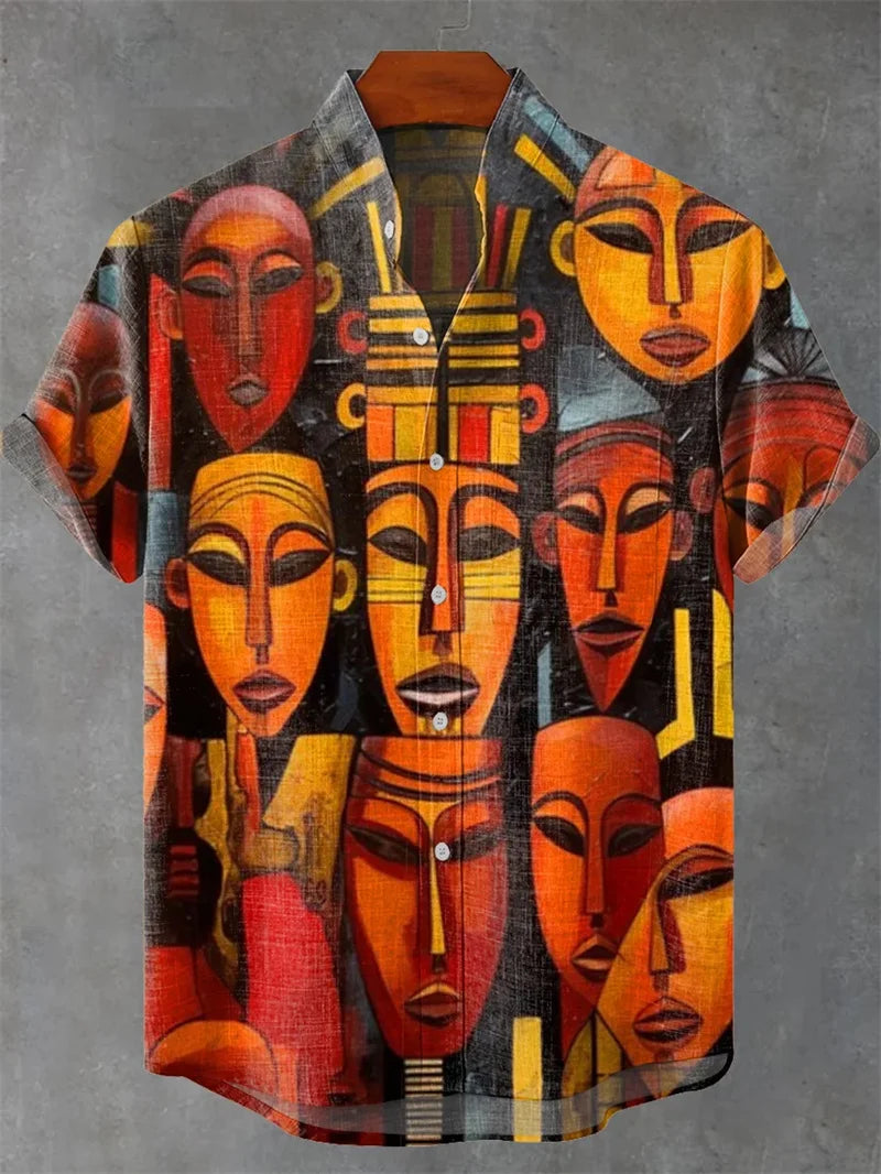 Men's Linen Shirt Vintage Short Sleeve Fashion World Tree Top Summer Casual Ethnic Costume Shirt Men's Street Shirt