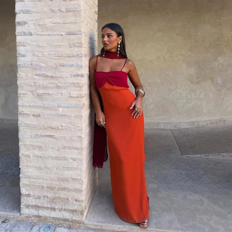Color Blocking Scarf Collar Suspender Women Maxi Dress Spaghetti Strap High Split Floor Length Evening Dresses Lady Party Robes