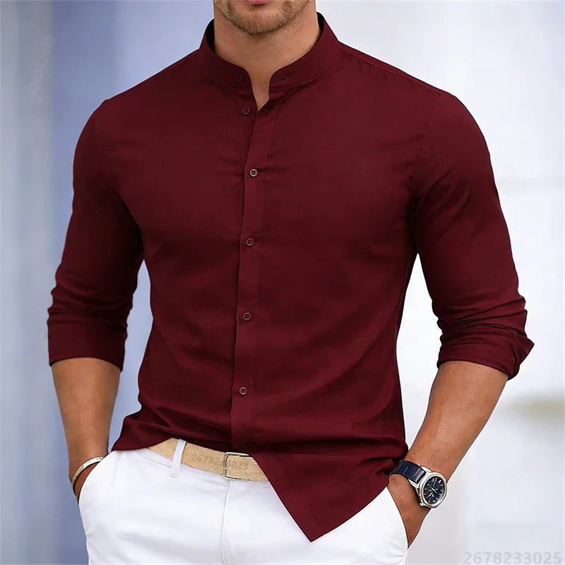 Men's stand-up collar white or black long-sleeved shirt, solid color shirt, slim fit business casual men's top, sizes XS-6XL.