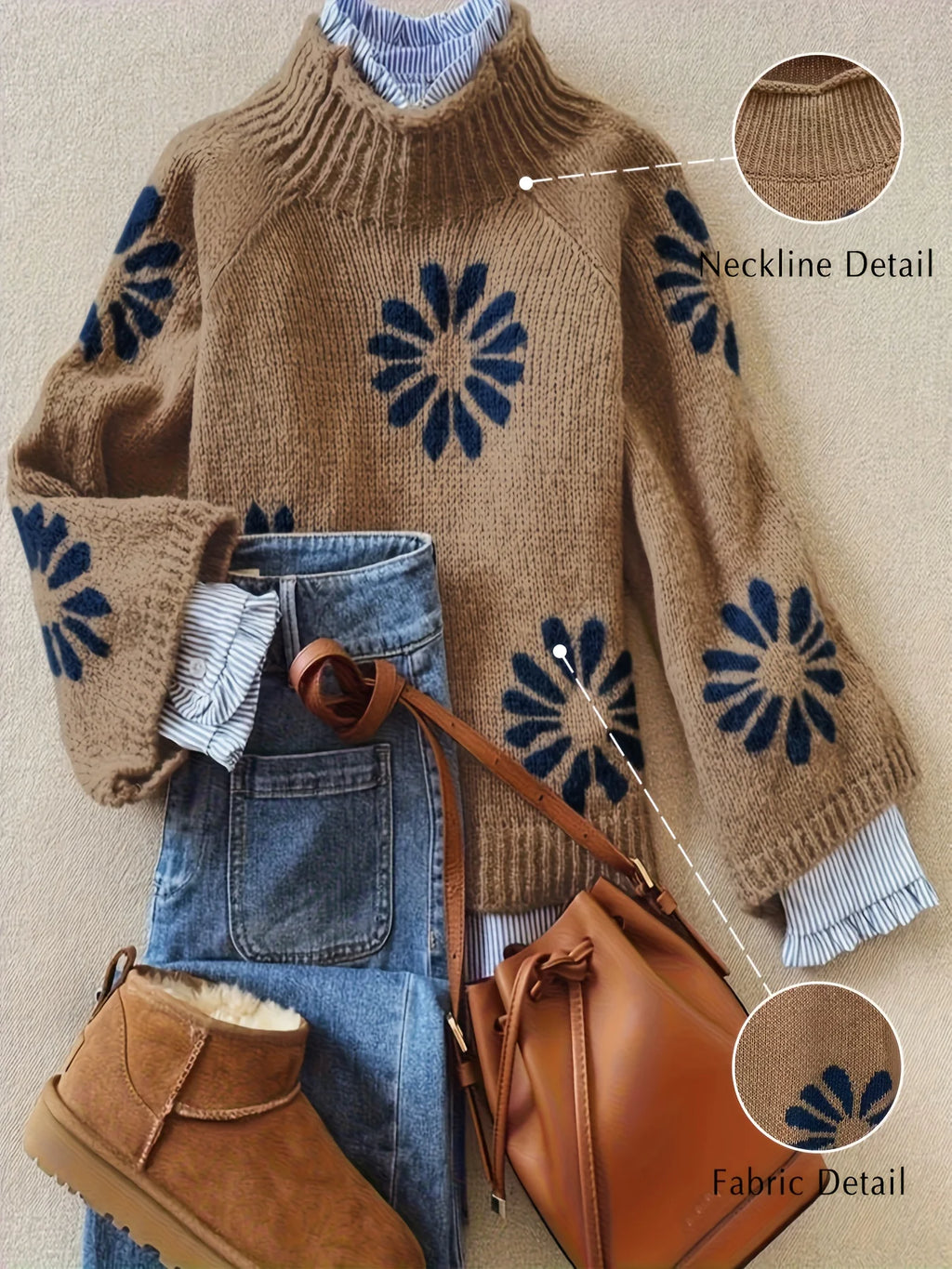 Winter Women's Knit Sweater Ribbed Floral Design Long Sleeve Pullover Fall New Arrival Knitwear Casual streetwear