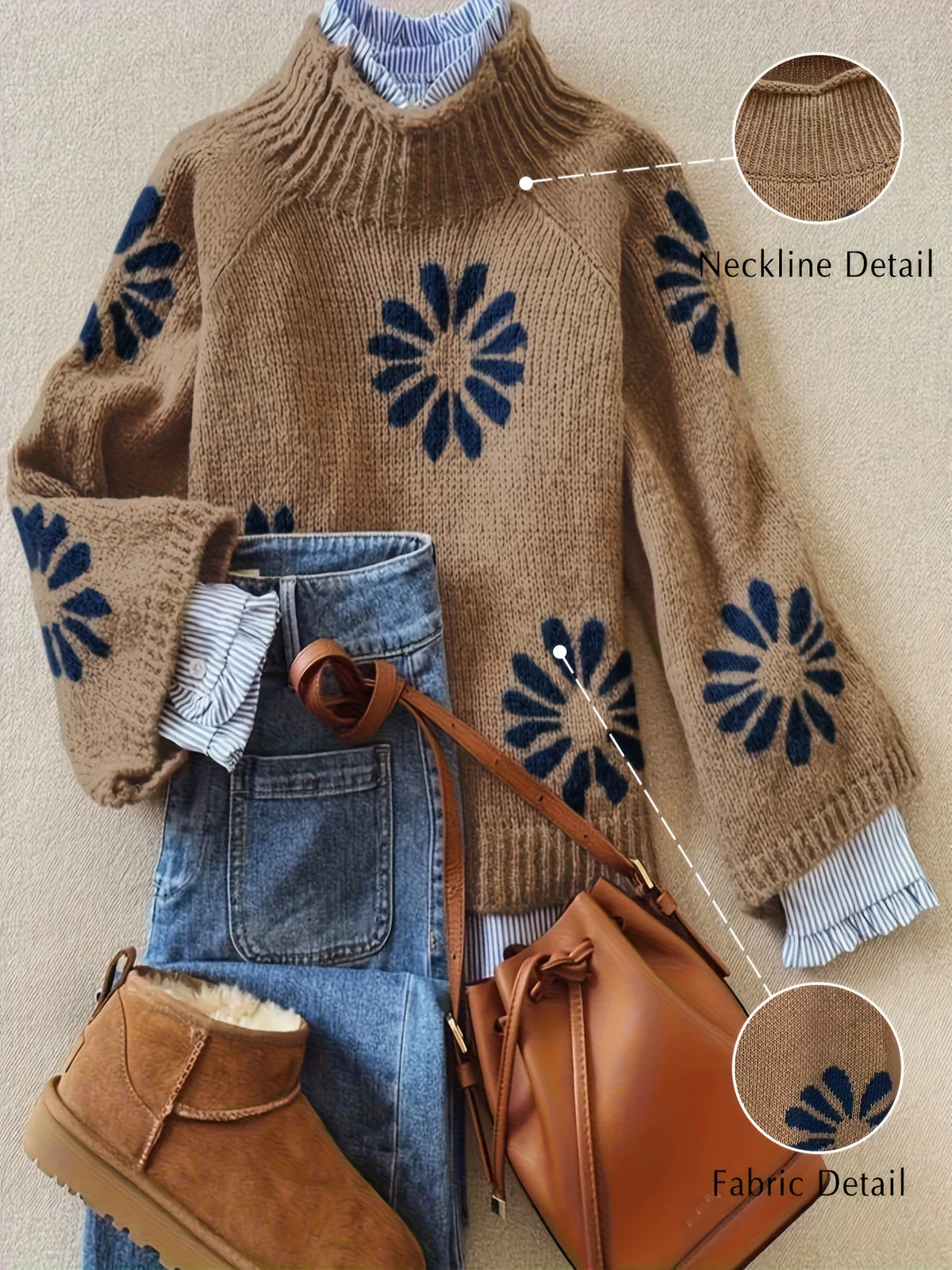 Winter Women's Knit Sweater Ribbed Floral Design Long Sleeve Pullover Fall New Arrival Knitwear Casual streetwear