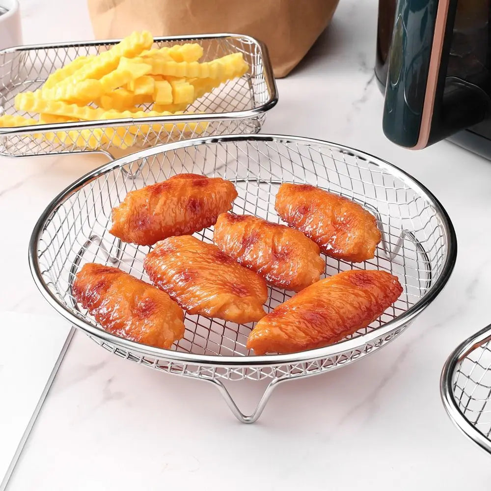 New Stackable Air Fryer Rack Non-Stick Stainless Steel Grilling Rack Airfryer Tray Grill Basket Durable Kitchen Gadgets