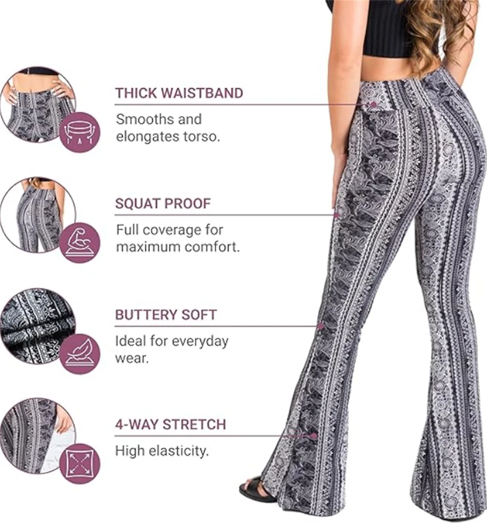 Flare Print Leggings Bell Bottom Palazzo Pants for Women Buttery Soft High Waisted High Waist Ethnic Paisley Bootcut Tall Long