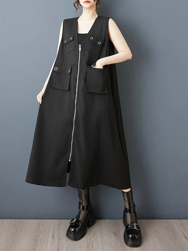 Summer 2026 Loose k Faion V-Ne Zipper Vest Dr Patchwork 3D ket Personali Dr Retro Sle Midi Skirt Dr