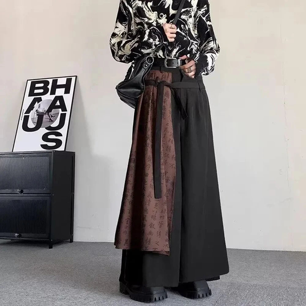 2026 Autumn Winter Mens Double Layer Chinese Calligraphy Splicing Irregular Culottes  Genderless Waist Strap Loose Wide Leg Pant