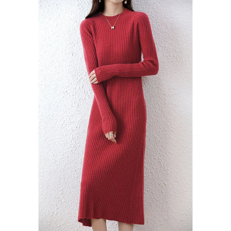Cashmere Sweater Womens Dresses 100% Merino Wool Autumn Winter New Elegant Knitted Long Dress Female Casual Warm Skirts Vestidos