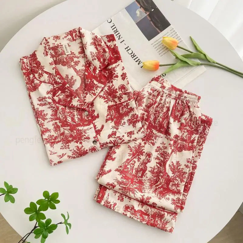 Women's Pajamas Sets Spring Autumn 2 Piece Print Leaves Pyjama Faux Silk Satin Sleepwear Long Sleeve Pijama Mujer Pjs Homewear