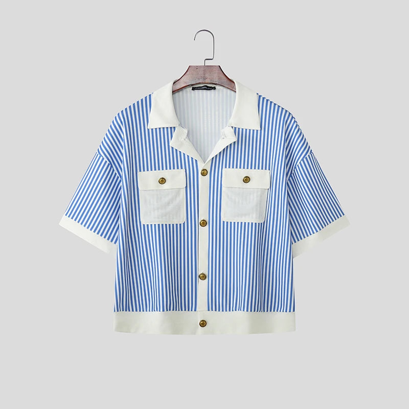 INCERUN Men Shirt Striped Patchwork Lapel Short Sleeve Casual Men Clothing Summer Color-block Fashion Leisure Tops Male Shirts