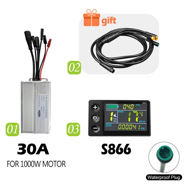 Electric Bike 30A Brushless Controller with SM Plug for 1000W Motor with LCD Display Panel S800 S830 E-scooter Meter Control UKC