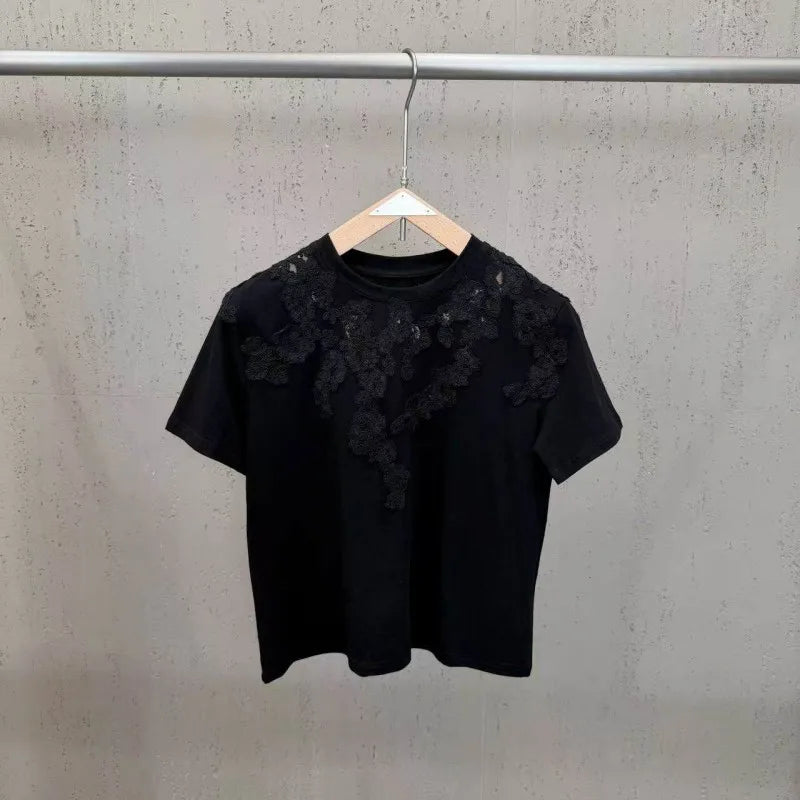 New 2026 Summer Women Casual T Shirts Short Sleeve Spliced Lace Embroidery Solid Color Ladies Fashion O Neck Pullover Tees Tops