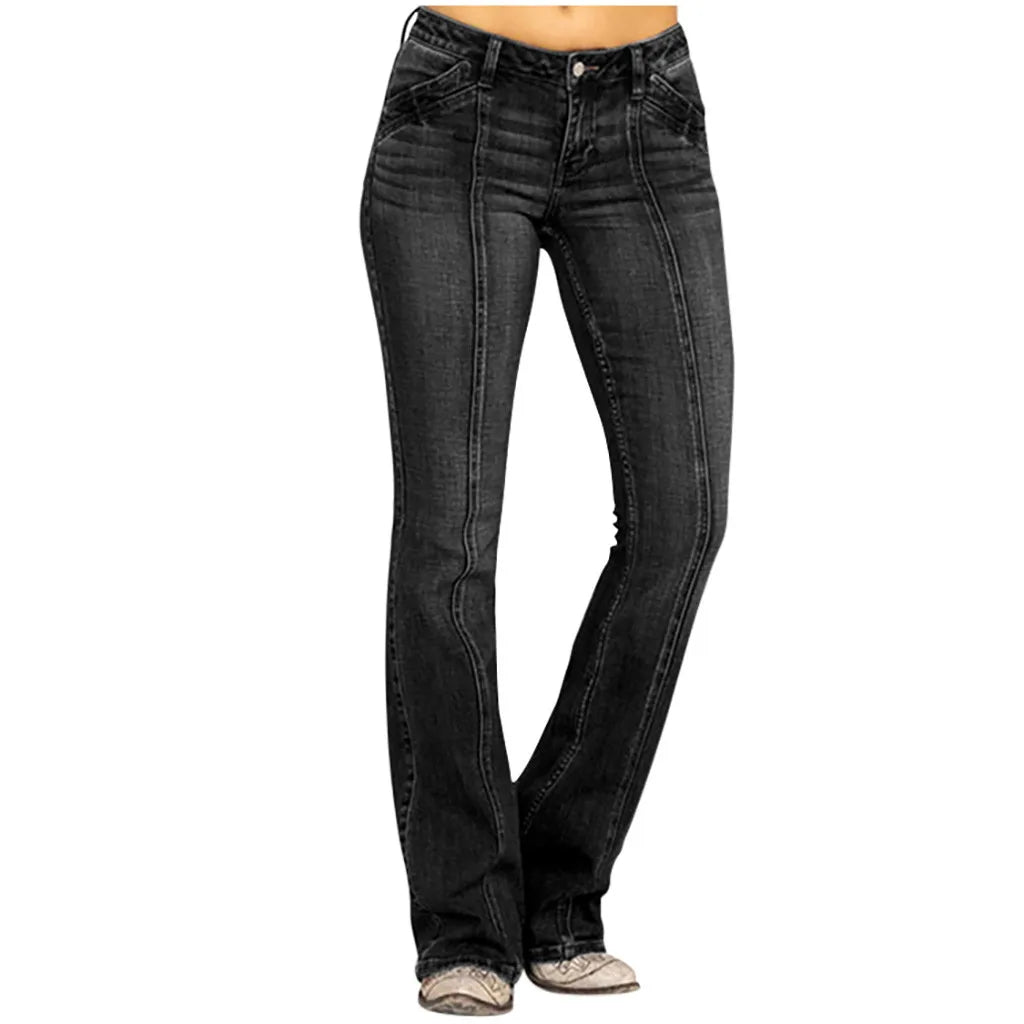 Women'S Jeans Denim Mid Waisted Denim Pants Embroidery Stretch Button Flare Pants Jeans 90s Vintage Clothes For Female