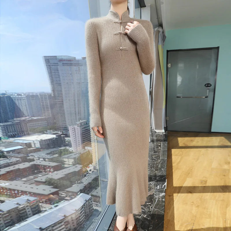 100% Mink Cashmere Knitted Dress Ladies Stand Collar Buckle Long Skirts Retro High Waist Over Knee Slim Dress New Thick Sweater