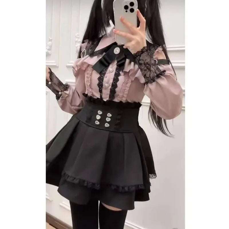 Japanese Style Lolita 2 Piece Set Y2k Mini Skirt Woman Harajuku Sweet Kawaii Print Dress Tops Korean Fashion Elegant Dress