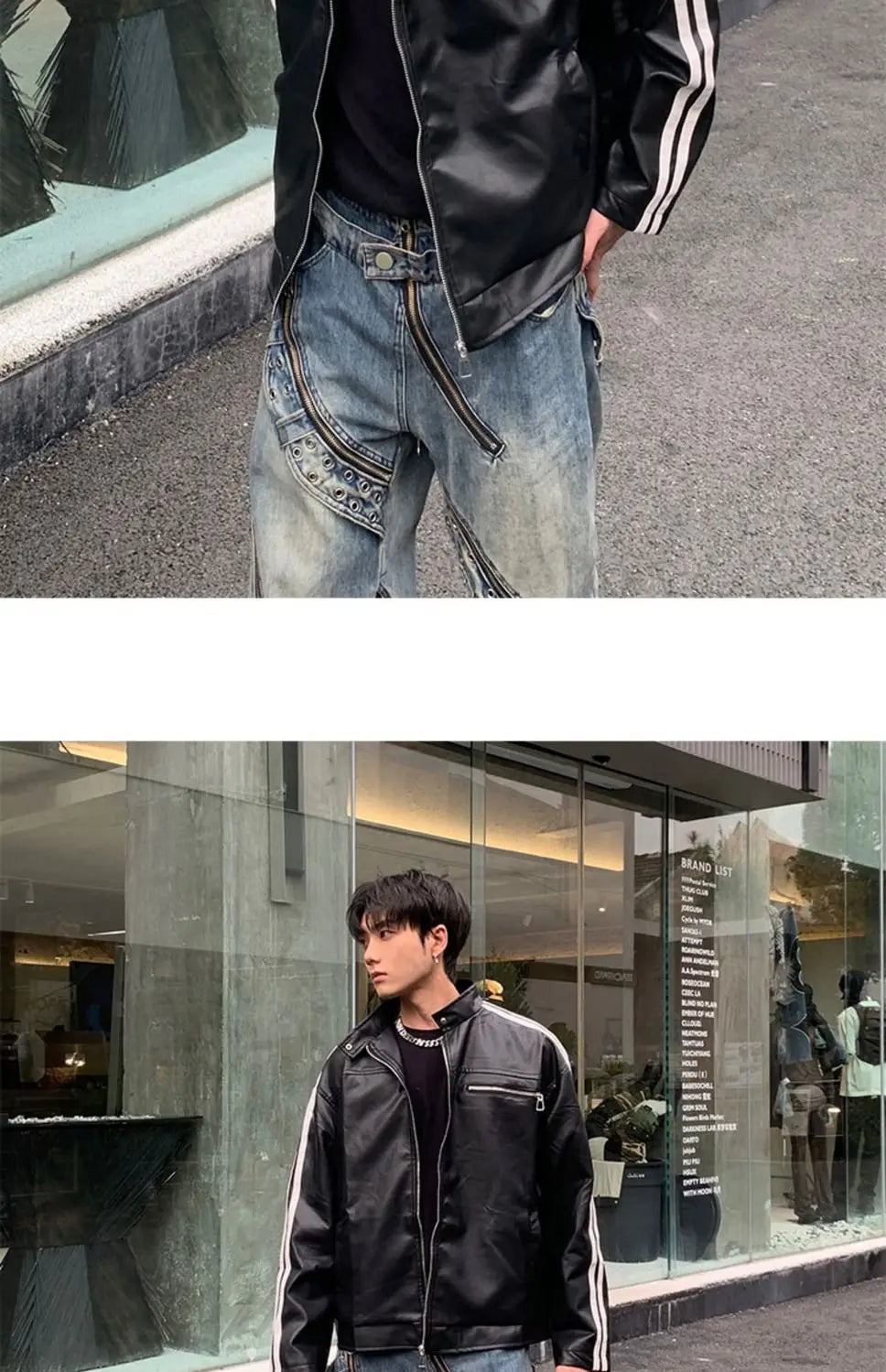 Youth Men's Biker Jacket Patchwork Stripes PU Leather Coat Stand Collar Zipper Long Sleeve Loose Fit Spring Autumn