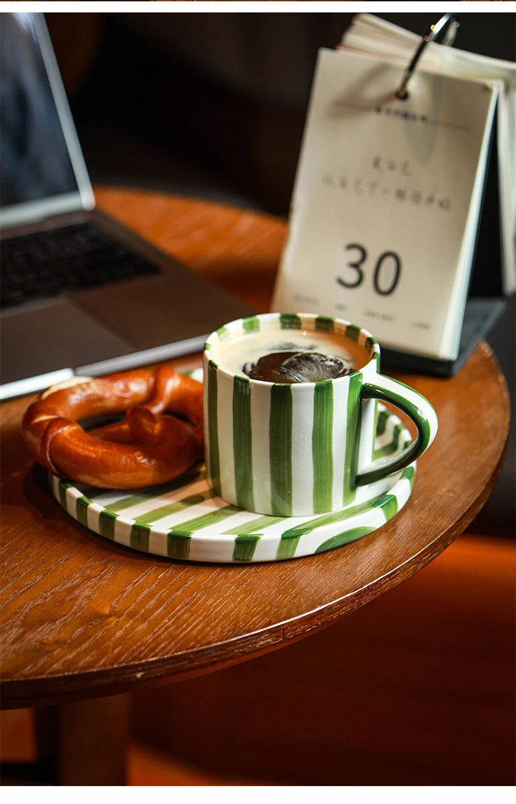 European Striped Ceramic Coffee Cup Saucer Modern Breakfast Dessert Plate Tea Cup Decorative Art Striped Coffee Cup 200 Ml Decor