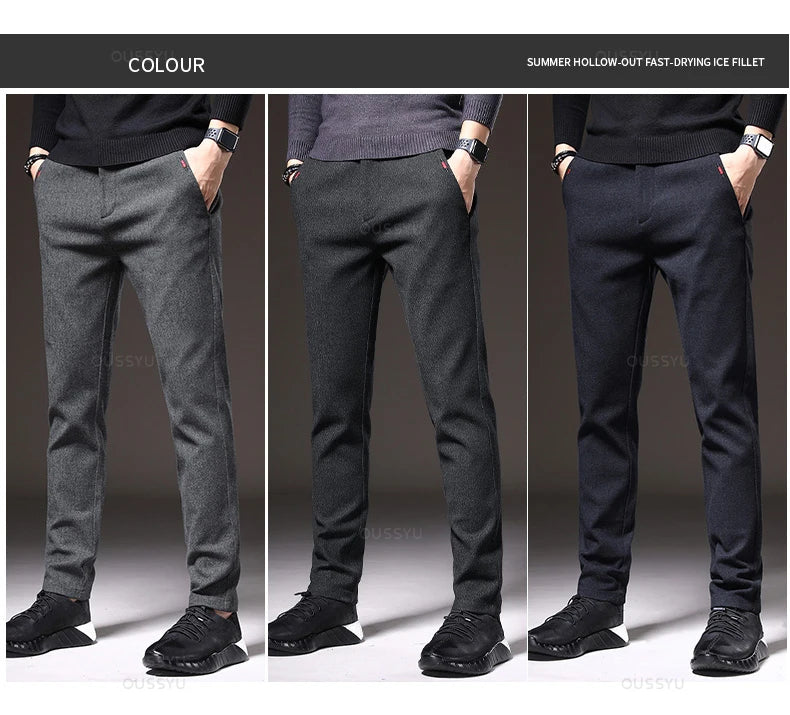 Autumn  Winter New Classic Casual Pants Men Thick Business Korea Slim Fit Stretch Gray Blue Black Brushed Fabric Trousers Male