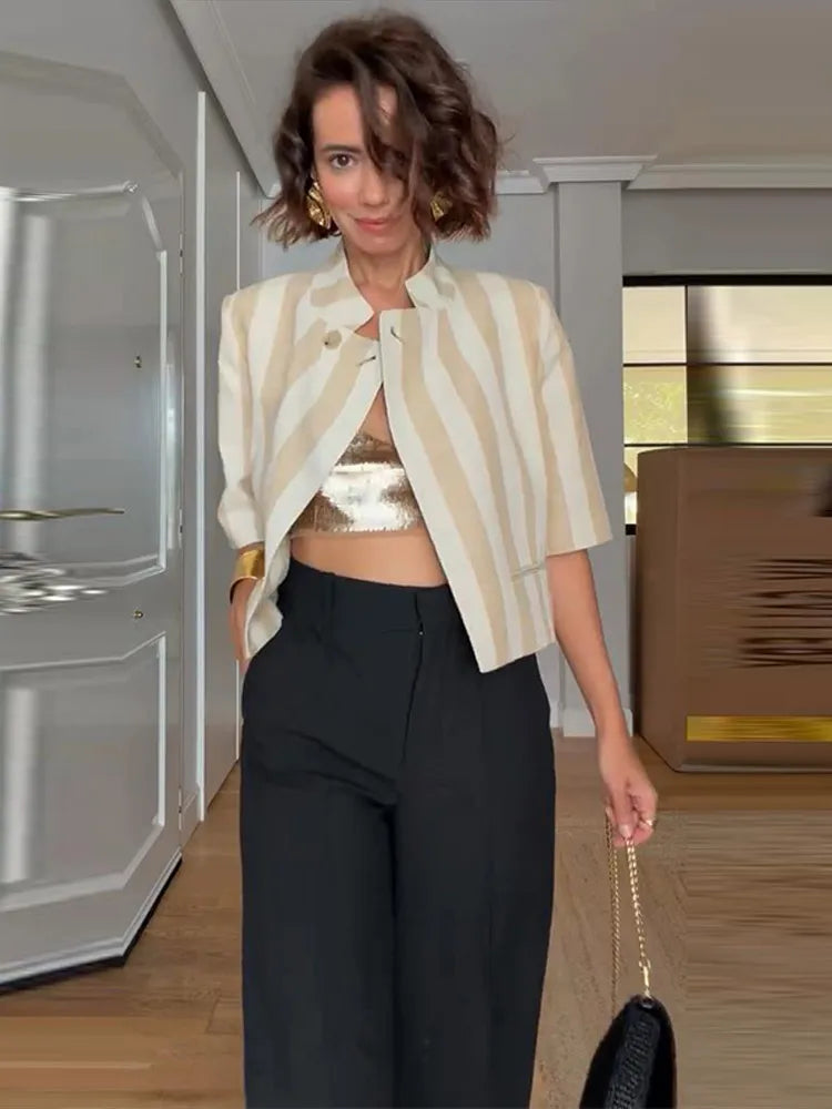 Women Chic Stripe Cropped Blazer Jacket Stand Collar 3/4 Sleeve Single Breasted Shoulder Pad Top 2026 Summer Fashion Street Coat