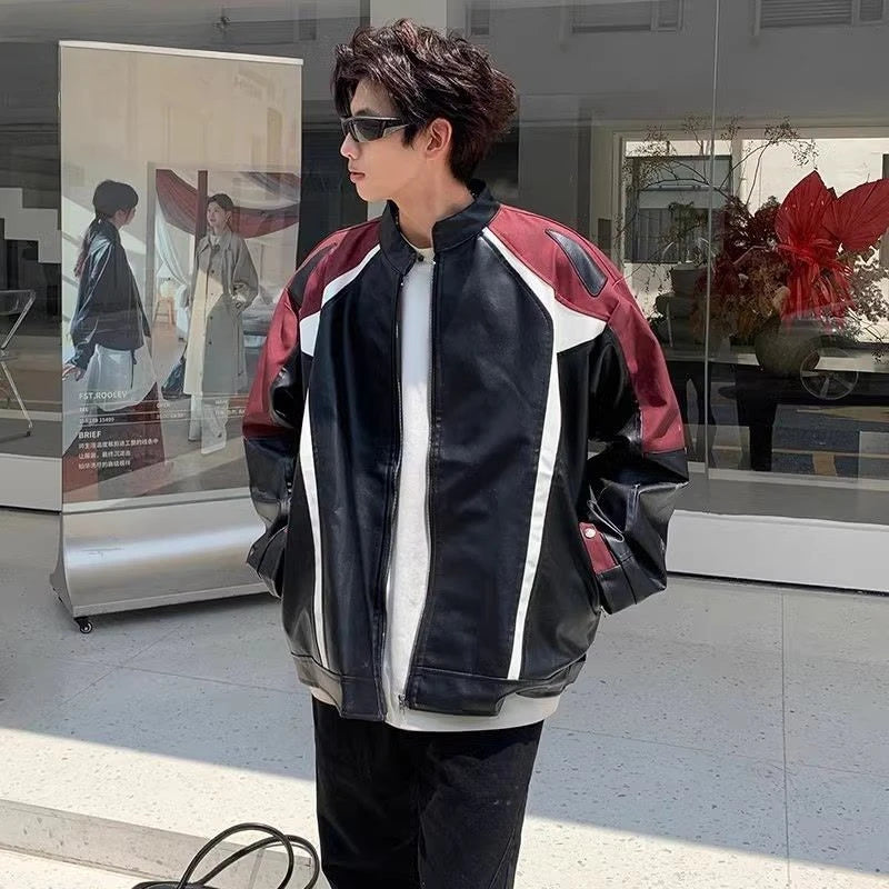 American Retro Motorcycle Jacket Men Women's High Street Spring Autumn Contrasting Color Splicing Design Handsome Bomber Coat