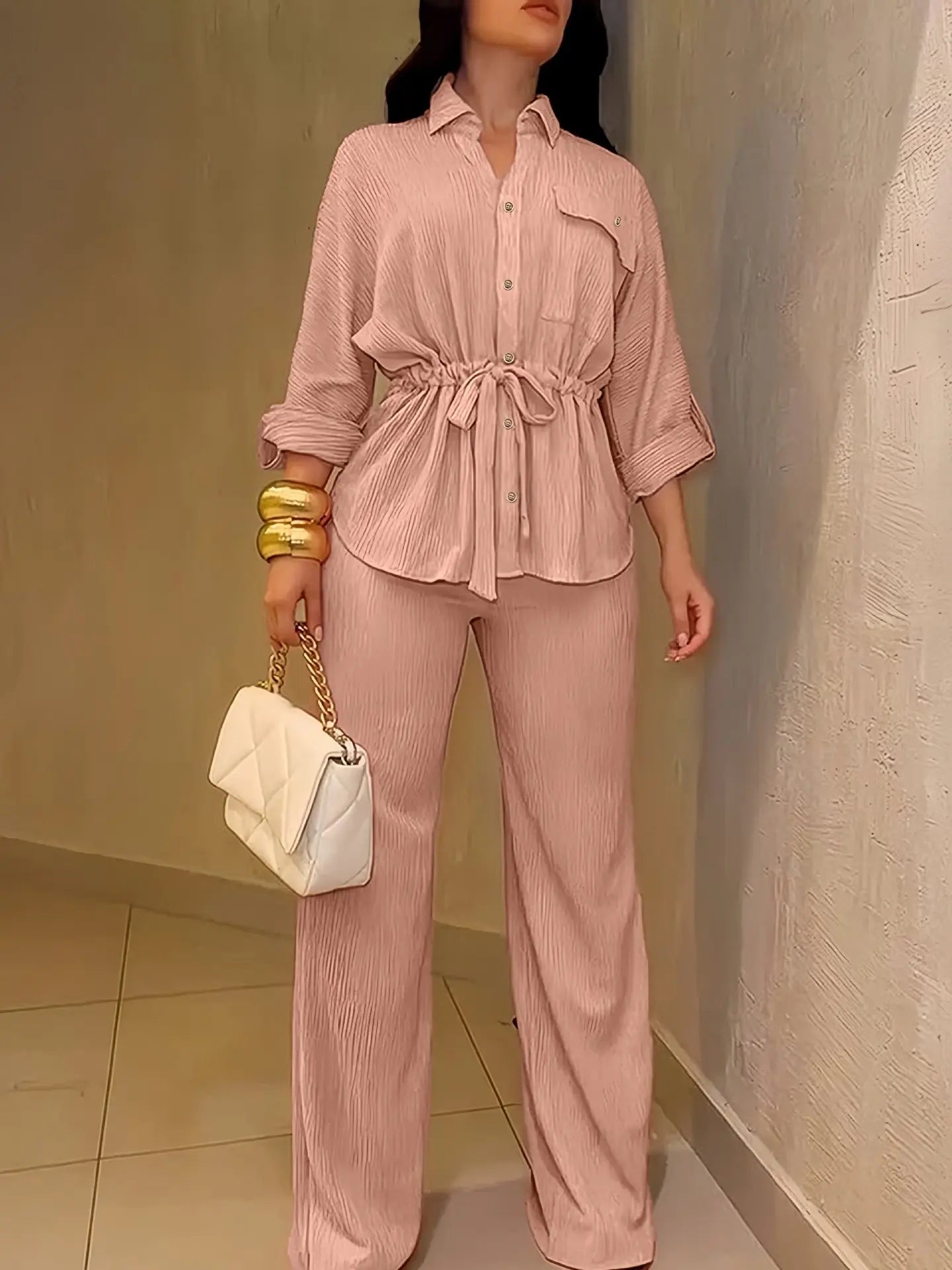 Women's Two Piece Set Lapel Long Sleeve Drawstring Waist Shirt High Waist Loose Wide Leg Trousers Casual Daily Matching Outfit