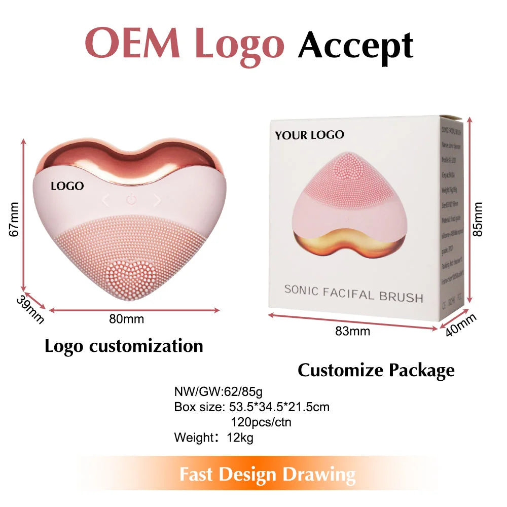 Factory Direct Love Heart Shaped Silicone Waterproof Vibrating Massage Face Cleansing Brush