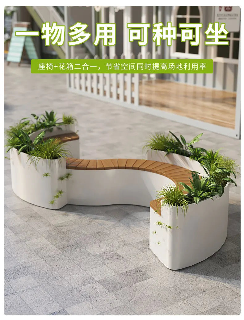 For Outdoor Curved Wood Flower Box Seat Square Park Mall Public Area Anti-corrosion Moisture-proof Leisure Bench