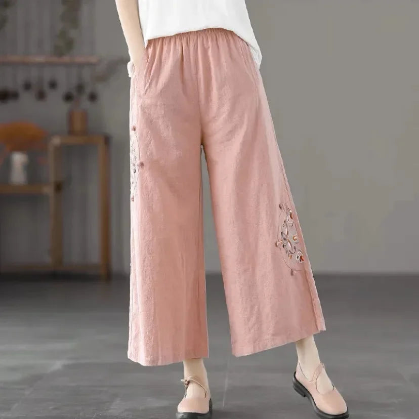 Women's Fashion New Loose Wide Leg Pants Simple Casual Solid Color Splicing Embroidered Elastic Waist Slim Thin Straight Pant