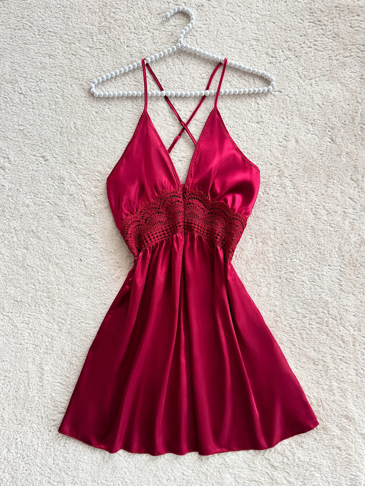 Sexy Criss Cross Back Nightdress Women V Neck Lace Trim Hollow Out Sleepwear Pajamas For Home Wear