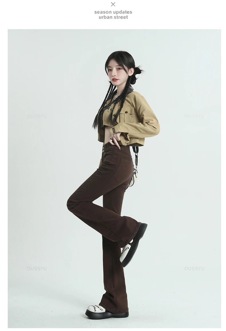 Women Jeans Cotton Denim Flared Pants Elastic Force Vintage Streetwear High Waist Slim Mom Harajuku Trousers Plus Length
