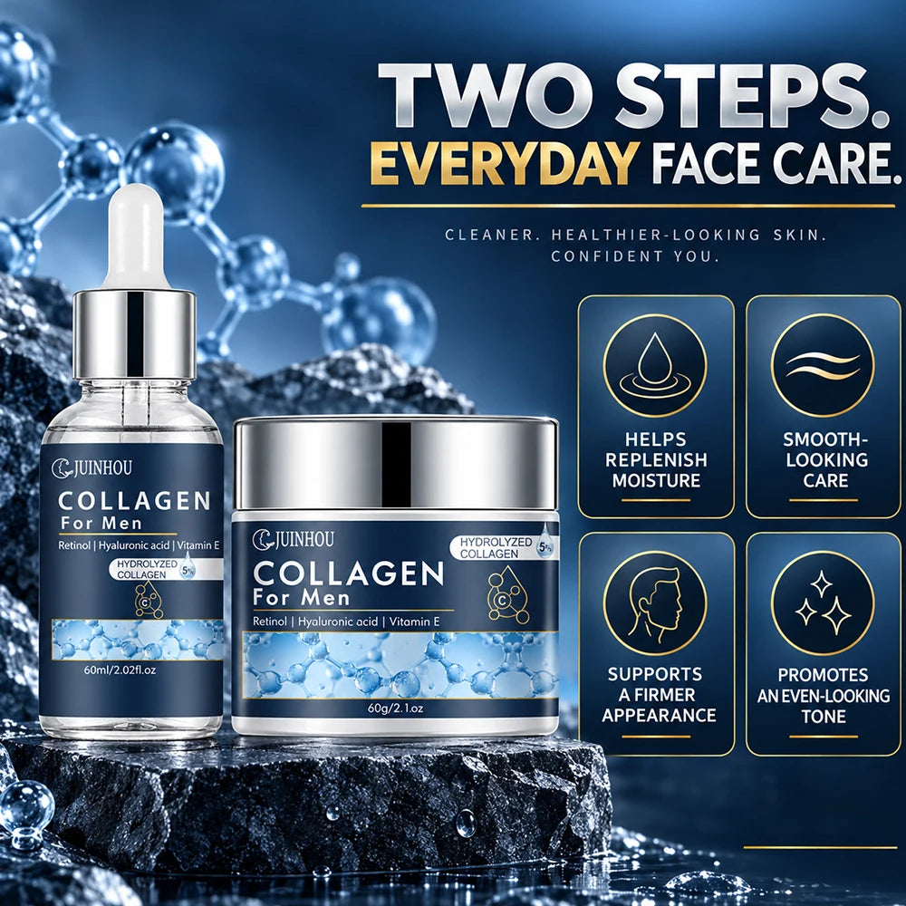 JUINHOU Men Facial Hydration Cream Serum Set Collagen Moisturizing Anti Aging Oil Control Firming Refreshing Non-Greasy Skincare