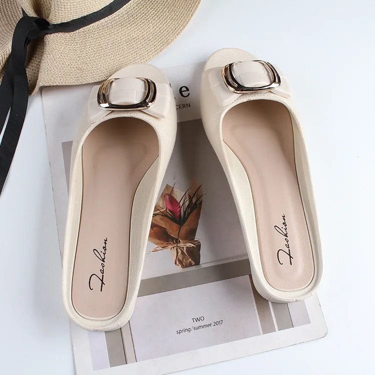 Summer Women Square Buckle Open-Toe Slippers Single Strap Flat Sandals Lady Solid Color Outdoor Beach Shoes Adult Casual Sandals