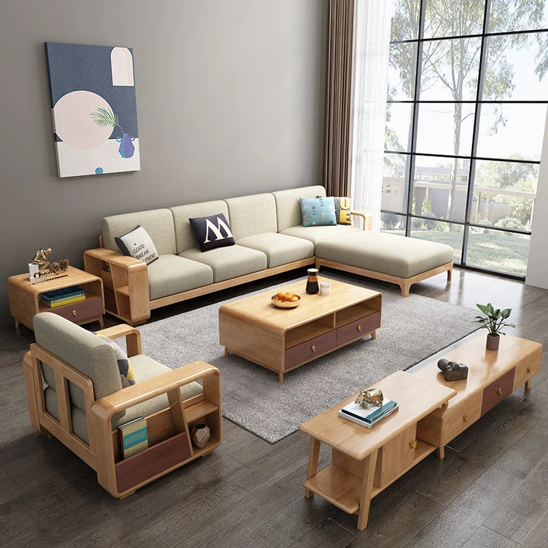 #Nordic Type Simple Modern Solid Wood Sofa Set Furniture Living Room Fabric Sectional Sofa