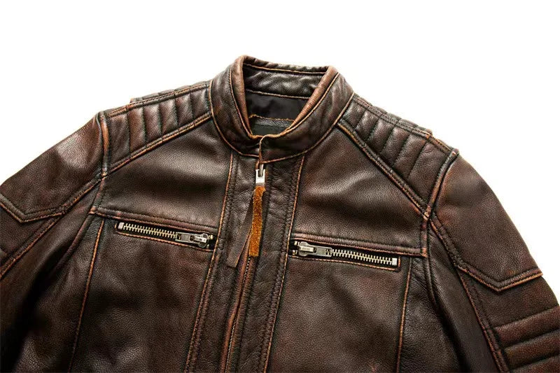 New Motorcycle Causal Vintage Leather Coat Men Autumn Outfit Fashion Biker Pocket Design Top Layer Cow Leather Jacket