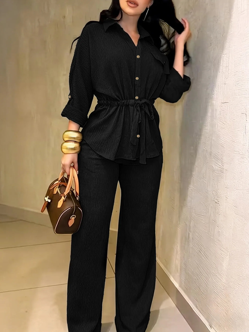 Women's Two Piece Set Lapel Long Sleeve Drawstring Waist Shirt High Waist Loose Wide Leg Trousers Casual Daily Matching Outfit