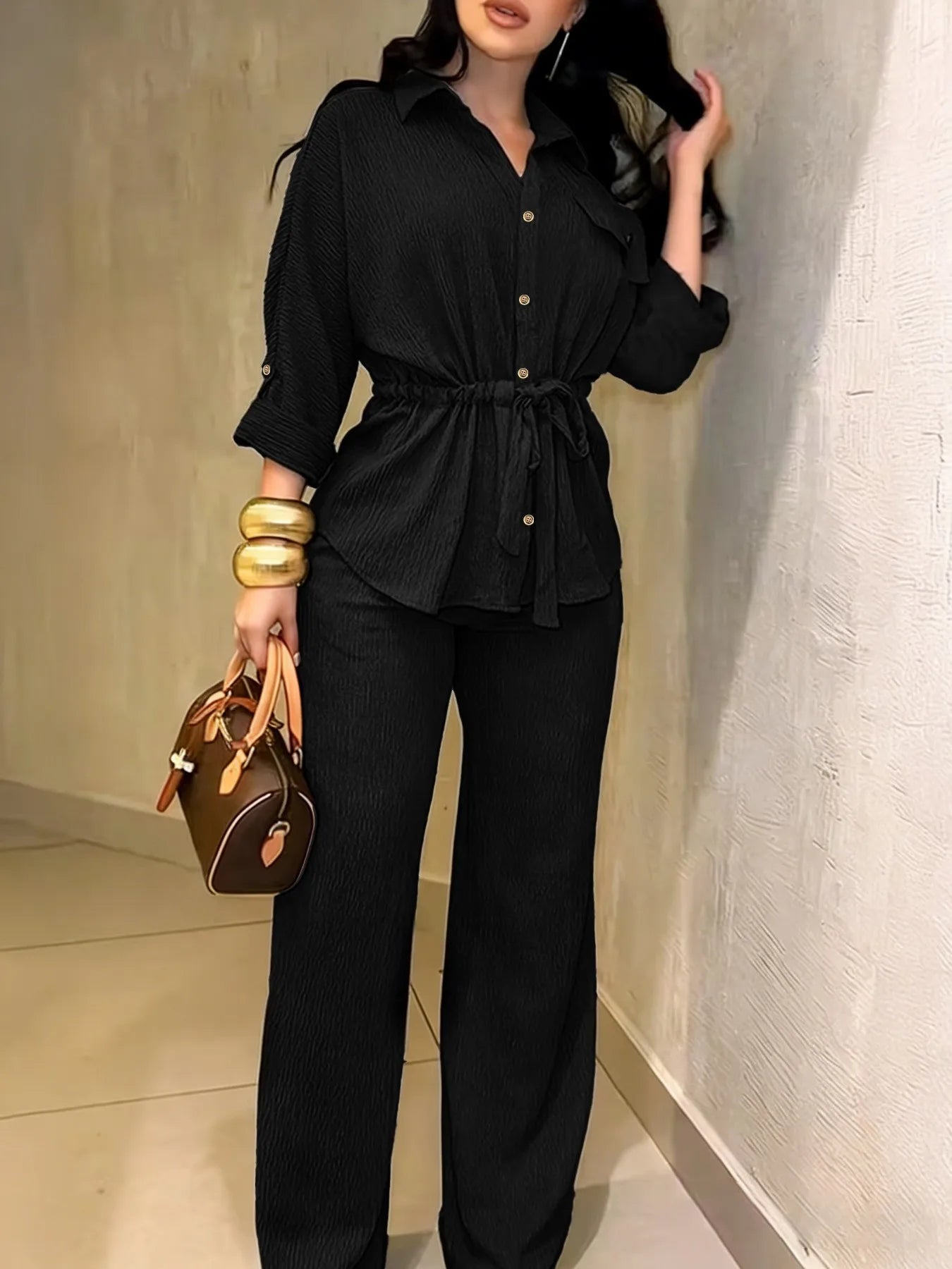 Women's Two Piece Set Lapel Long Sleeve Drawstring Waist Shirt High Waist Loose Wide Leg Trousers Casual Daily Matching Outfit