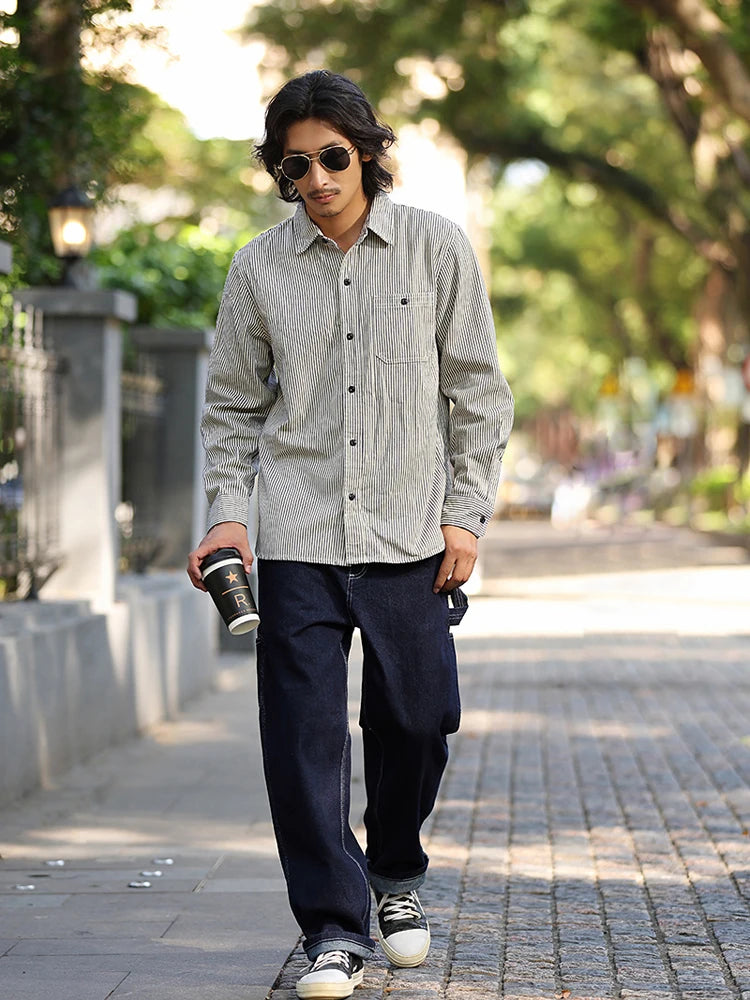 3903 Good Quality Striped Jeans For Man Multi Pockets Cargo Style Straight Casual Loose Trendy Streetwear Boyfriend Denim Pants